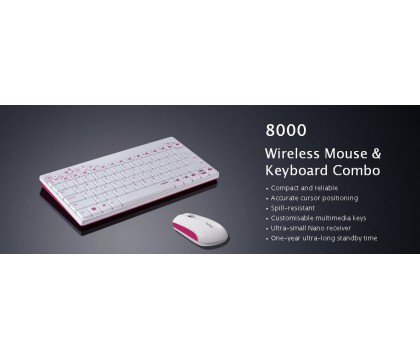 RAPOO 8000 2.4GHZ WIRELESS MOUSE and KEYBOARD WHITE/PINK + AR