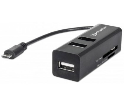 Manhattan 406239 imPORT Hub , Mobile OTG Adapter, Micro USB 2.0 to 3-Port USB 2.0 Hub, 24-in-1 Card Reader/Writer 