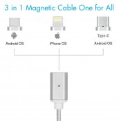 Radioshack USB Type C/IOS/Android 3in1 High Speed Charging Magnetic Cable, 3ft, Silver