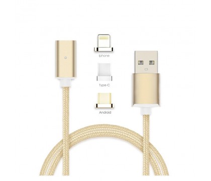 Radioshack USB Type C/IOS/Android 3in1 High Speed Charging Magnetic Cable, 3ft, Gold