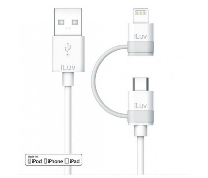 iLuv ICB267WHT  2 in 1 Lightning Cable with Micro USB Adapter, 3ft (1 m) , White