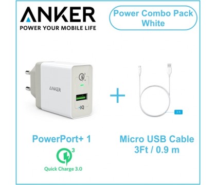 Anker B2013L21 PowerPort+ 1 Quick Charge 3.0 18W USB Wall Charger with 3 ft Micro-USB Charging Cable, White