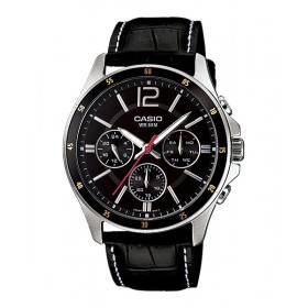 Casio MTP-1374L-1A+K Men's Standard Leather Band Multi-Function Black Dial Watch, MTP-1374L-1AV