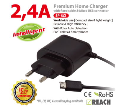 Vanson SP-5CI 2,4A Intelligent Home Charger with 1m of fixed cable and Micro USB connector for Smartphone and Tablet