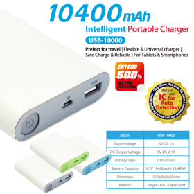 Vanson USB-10000 Power Bank 10,400mAh with IC for Auto Detection, Lithium-ion, 5V/2,1A Output for Tablet & Smartphone